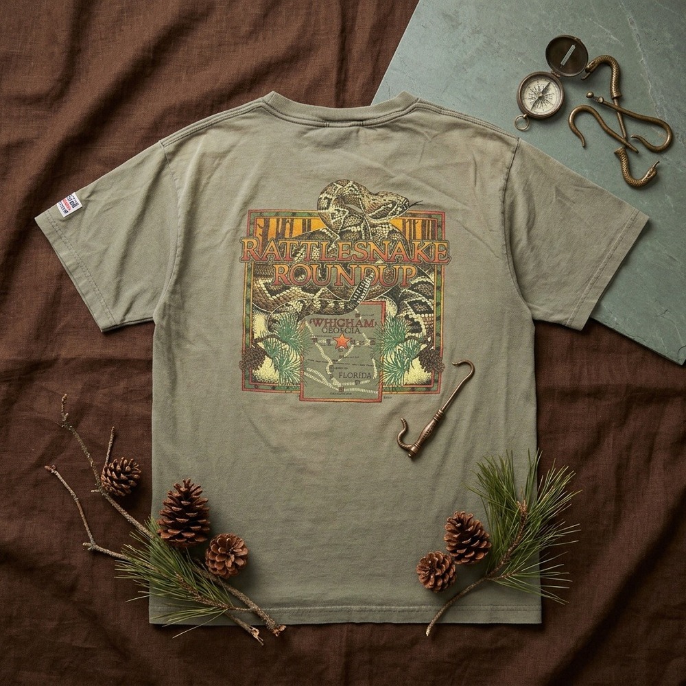 Vintage Whigham Georgia Rattlesnake Roundup T-Shirt Dark Olive Green Pepsi XL